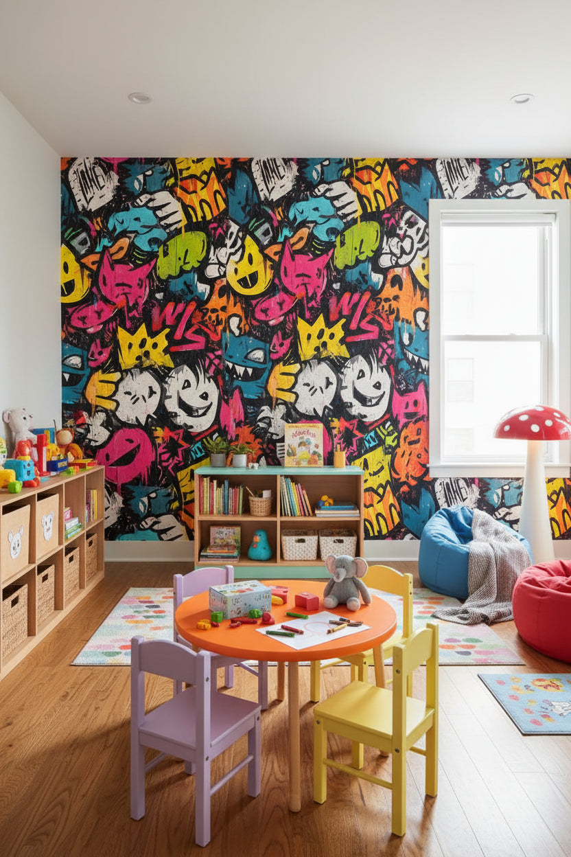 Renkli Grafiti Desenli Duvar Kağıdı Genç Odası