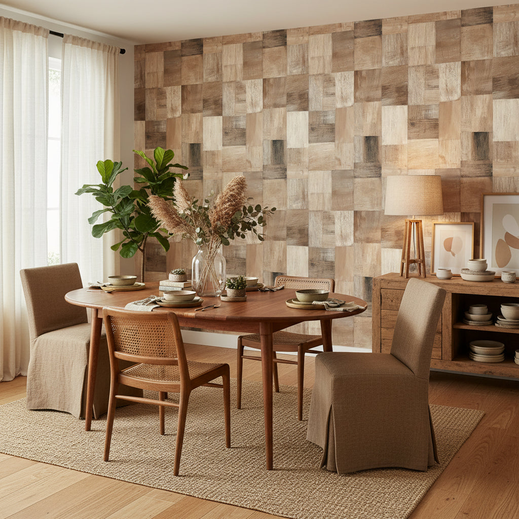Ahşap Görünümlü Duvar Kağıdı Kare Patchwork Bej Salon