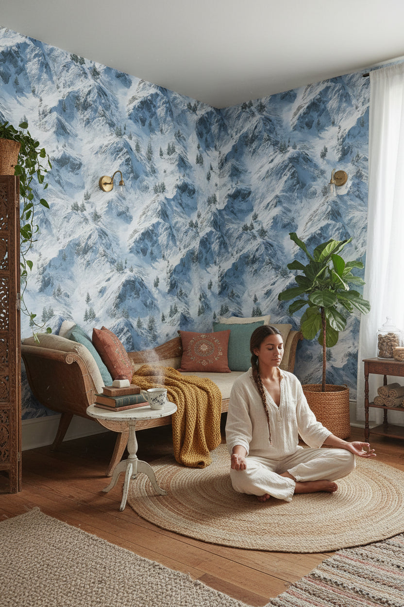 Karlı Dağ Manzaralı Duvar Kağıdı Mavi Salon