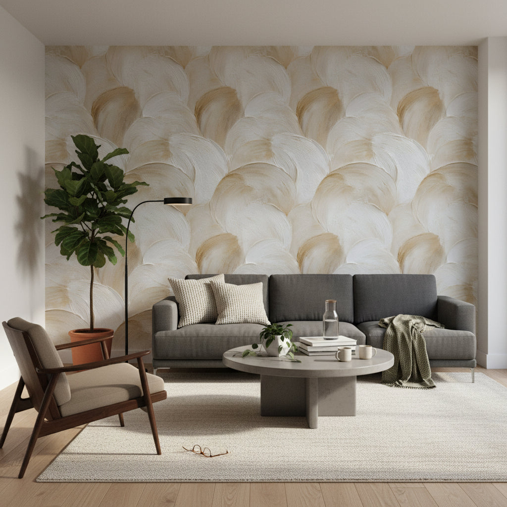 Bej Fırça Desenli Duvar Kağıdı Modern Salon