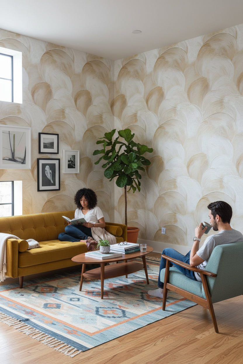 Bej Fırça Desenli Duvar Kağıdı Modern Salon