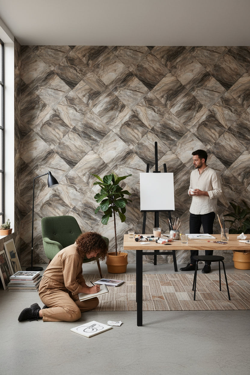 Mermer Görünümlü Geometrik Duvar Kağıdı Bej Kahverengi Salon