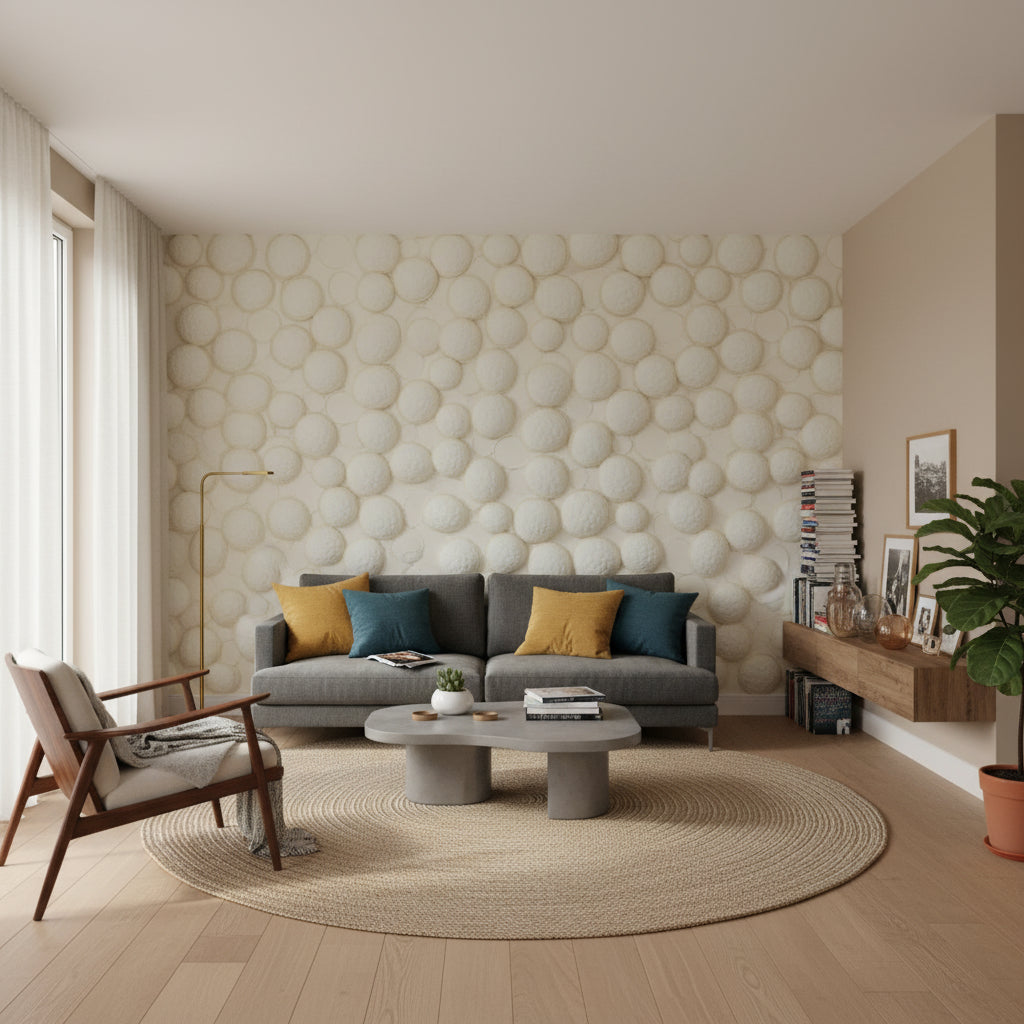 Kabartmalı Daire Desenli 3D Duvar Kağıdı Krem Salon