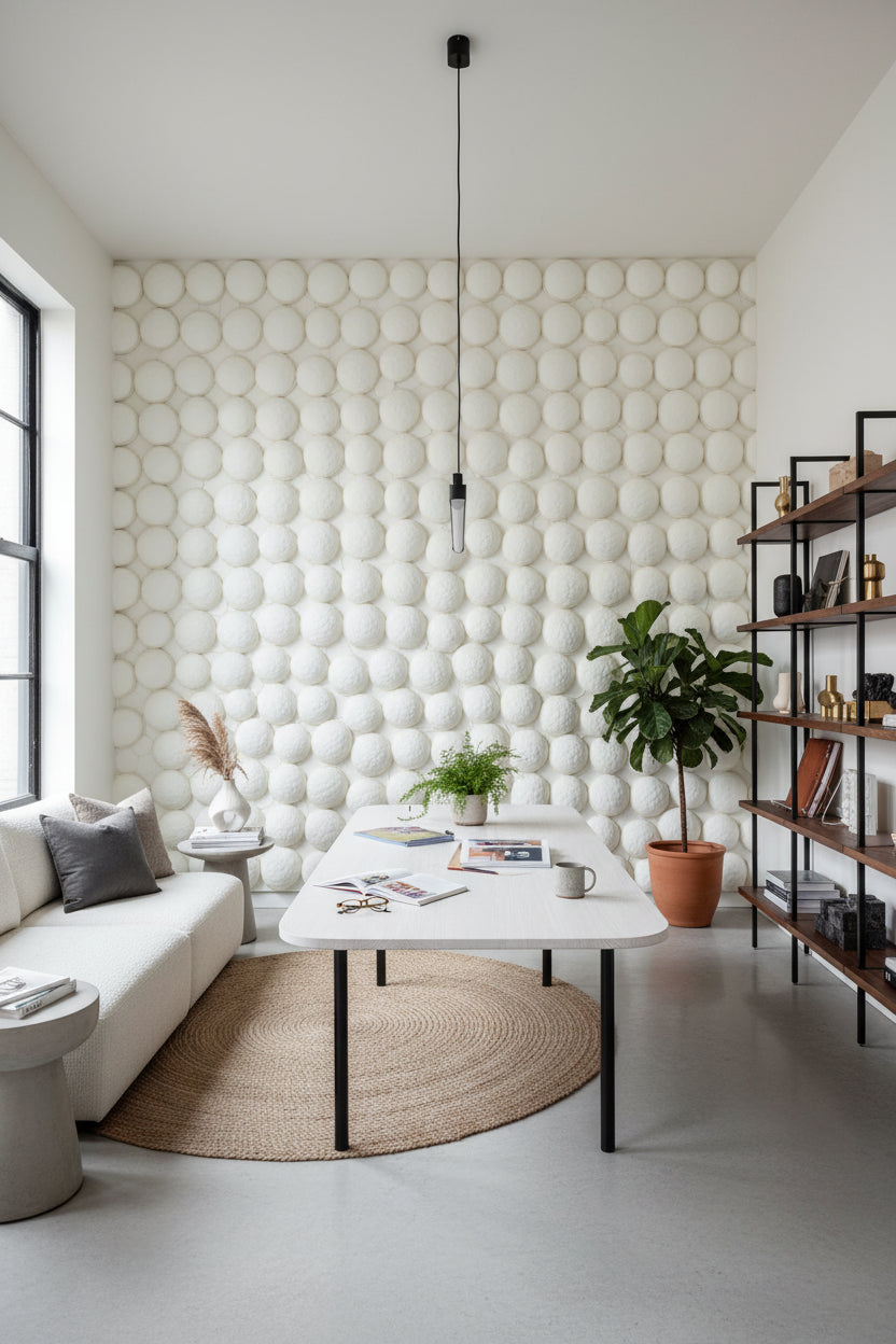 Kabartmalı Daire Desenli 3D Duvar Kağıdı Krem Salon