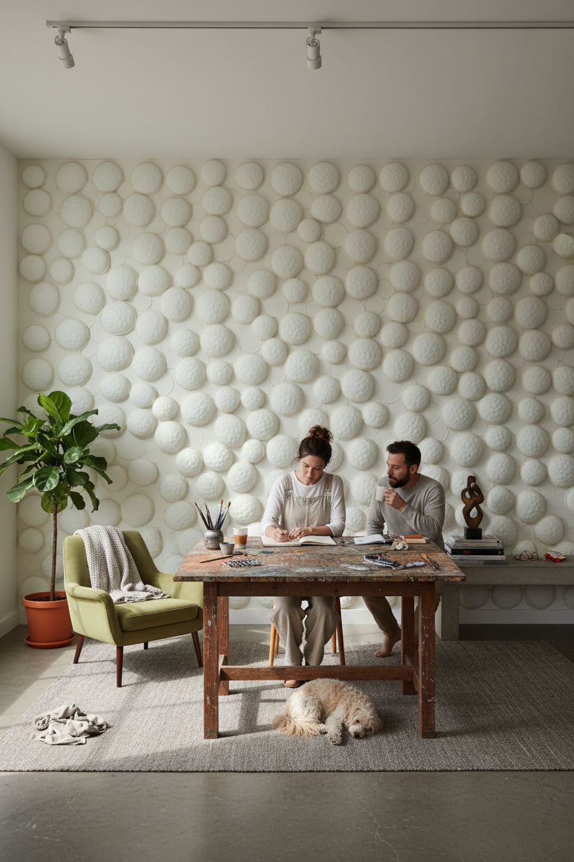 Kabartmalı Daire Desenli 3D Duvar Kağıdı Krem Salon