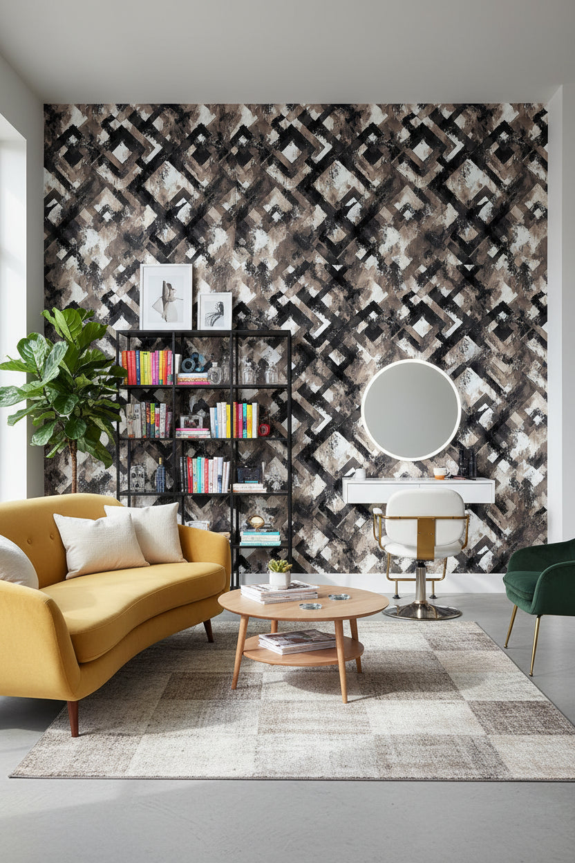 Soyut Geometrik Duvar Kağıdı Siyah Bej Salon Duvar Dekoru