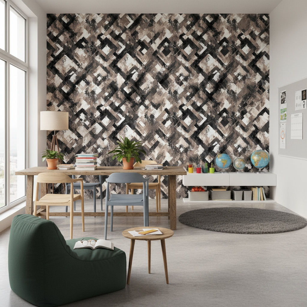 Soyut Geometrik Duvar Kağıdı Siyah Bej Salon Duvar Dekoru