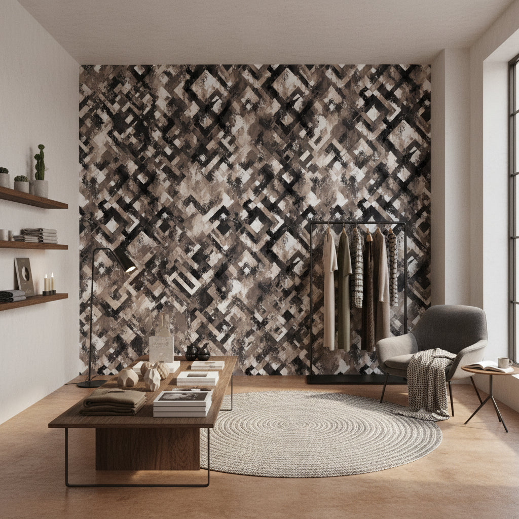 Soyut Geometrik Duvar Kağıdı Siyah Bej Salon Duvar Dekoru