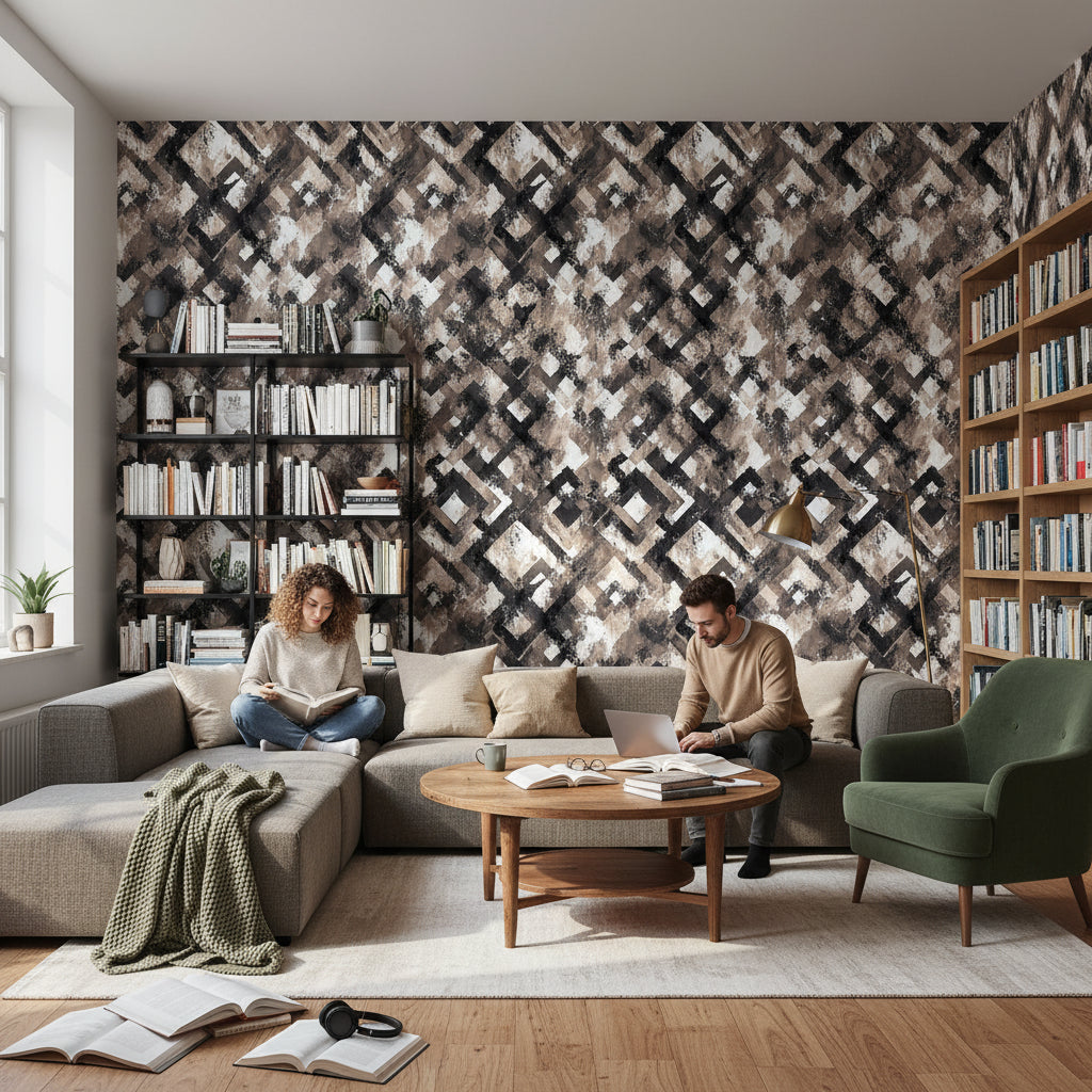 Soyut Geometrik Duvar Kağıdı Siyah Bej Salon Duvar Dekoru