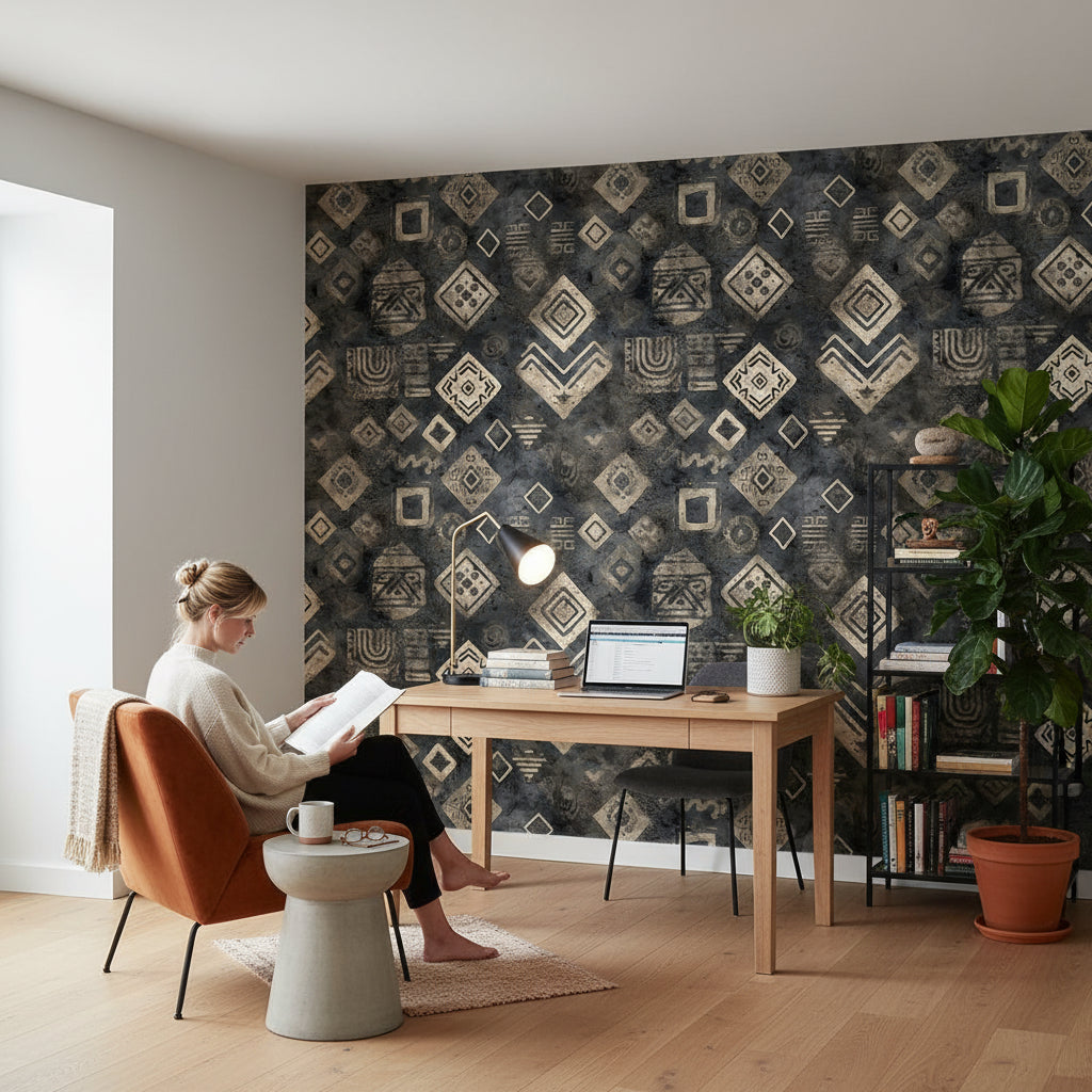 Etnik Geometrik Desenli Duvar Kağıdı Antrasit Salon Duvarı