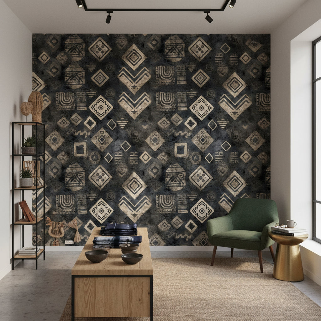 Etnik Geometrik Desenli Duvar Kağıdı Antrasit Salon Duvarı