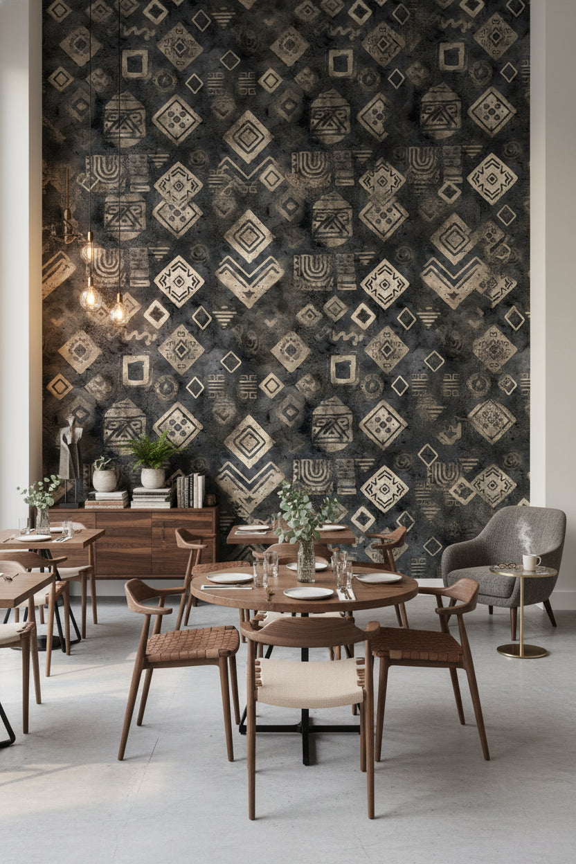 Etnik Geometrik Desenli Duvar Kağıdı Antrasit Salon Duvarı