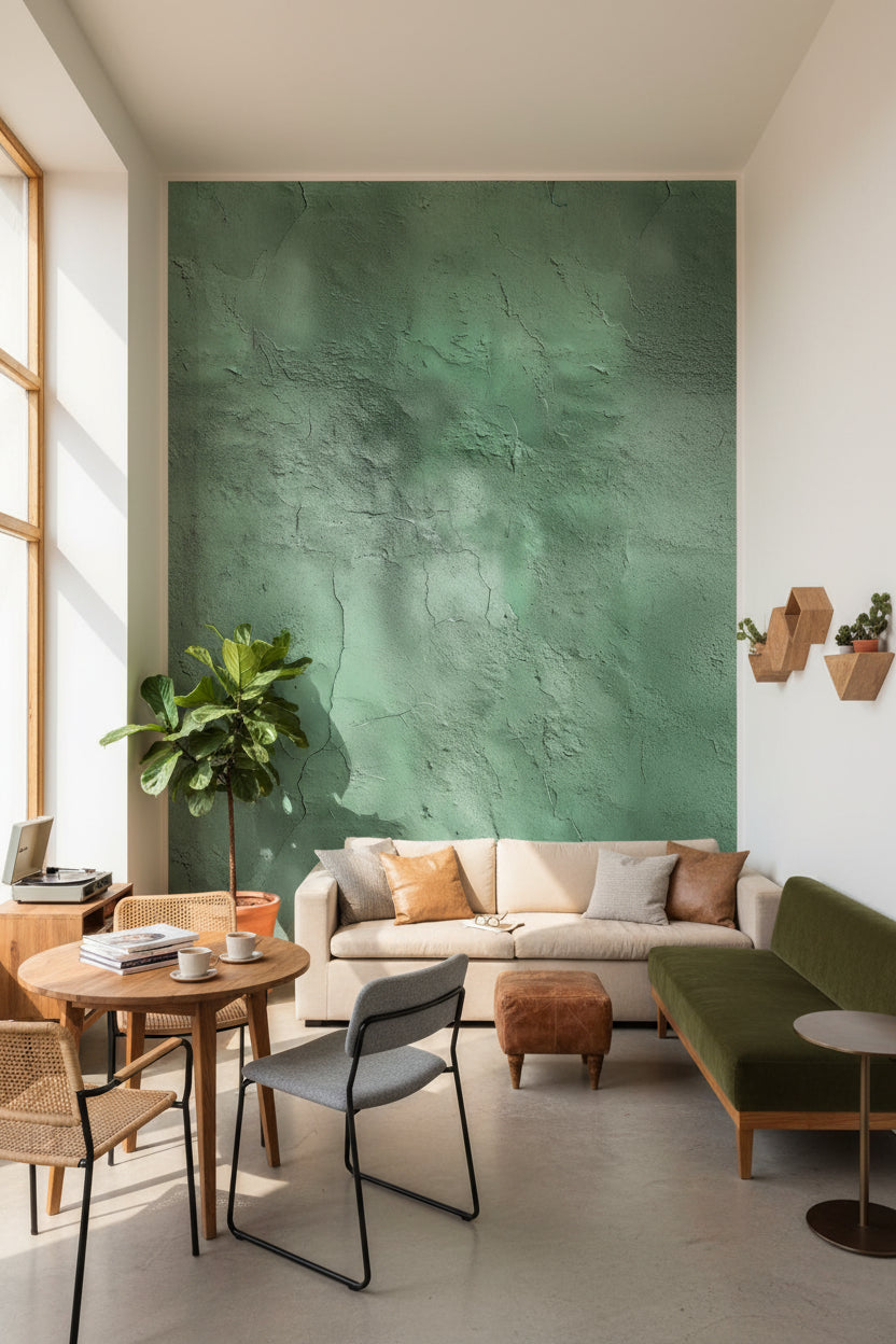 Yeşil Beton Desenli Duvar Kağıdı Modern Salon Duvar Kağıdı