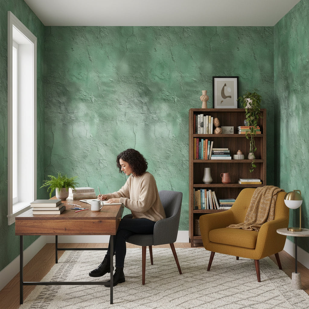 Yeşil Beton Desenli Duvar Kağıdı Modern Salon Duvar Kağıdı