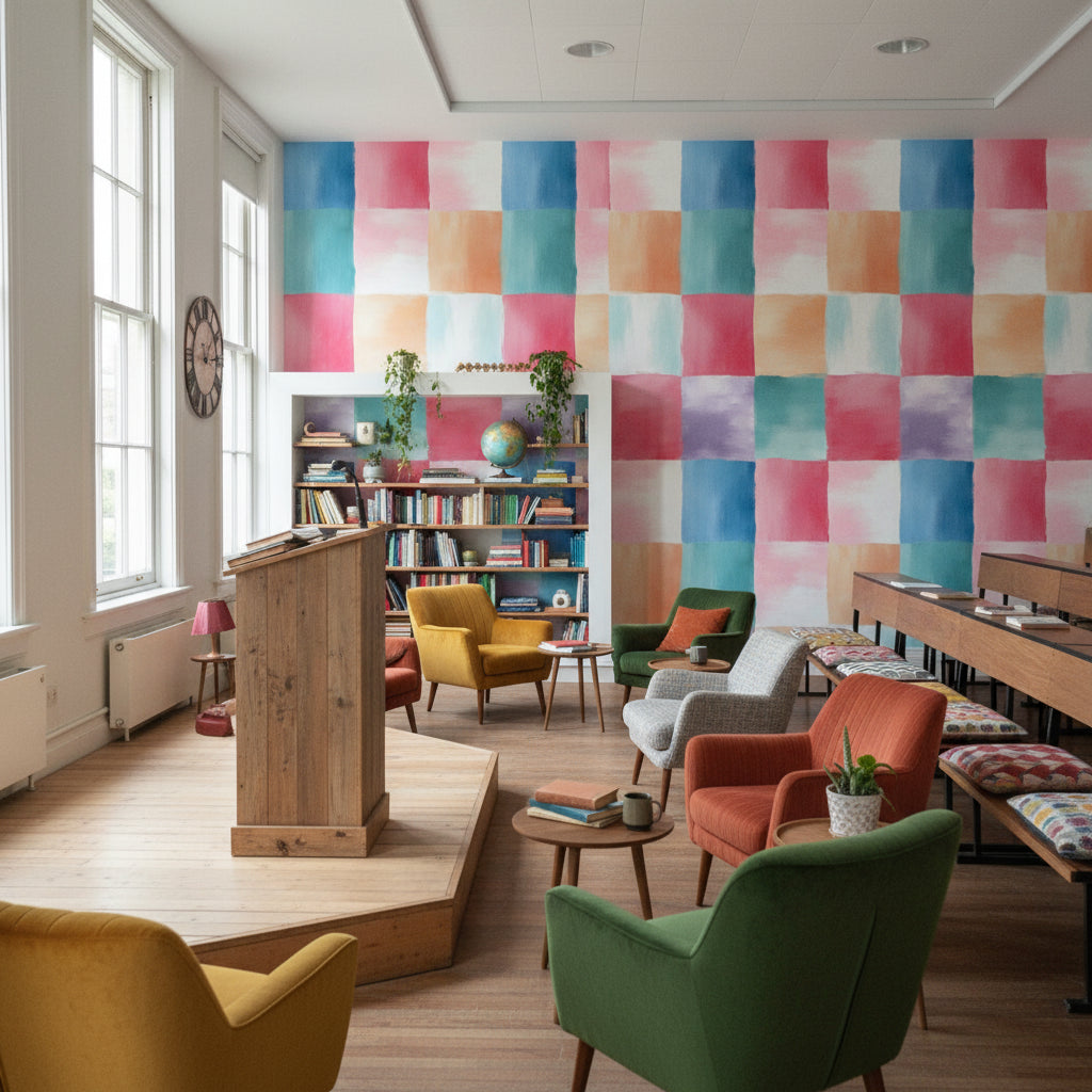 Renkli Kare Desenli Duvar Kağıdı Modern Salon
