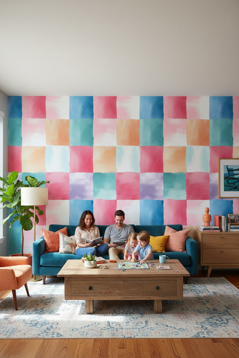 Renkli Kare Desenli Duvar Kağıdı Modern Salon