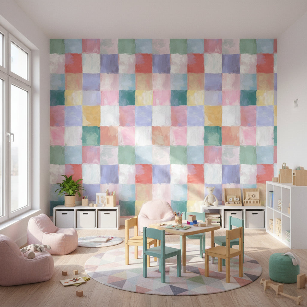 Pastel Renkli Kareli Duvar Kağıdı Modern Salon Dekoru
