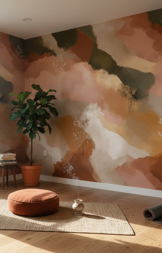 Soyut Suluboya Duvar Kağıdı Bej Terracotta Salon Dekoru