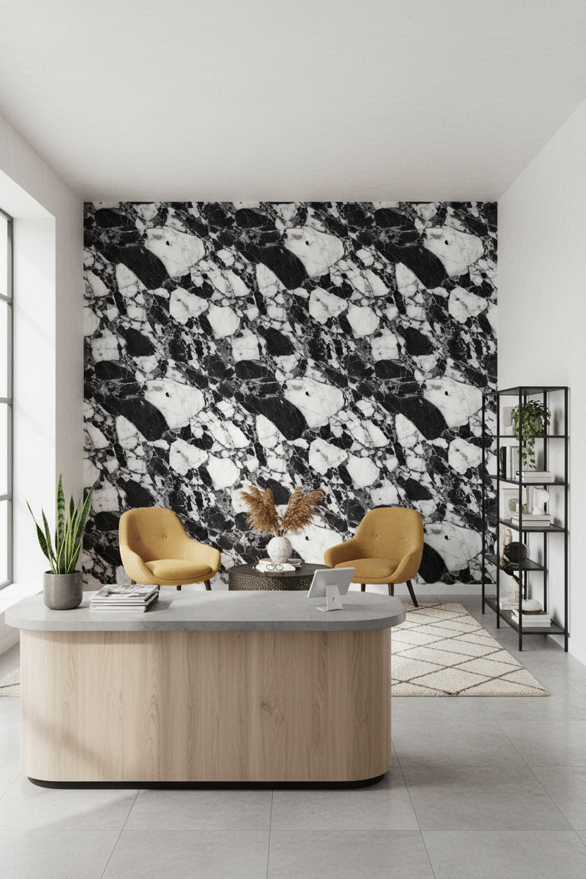 Siyah Beyaz Mermer Desenli Duvar Kağıdı Modern Salon