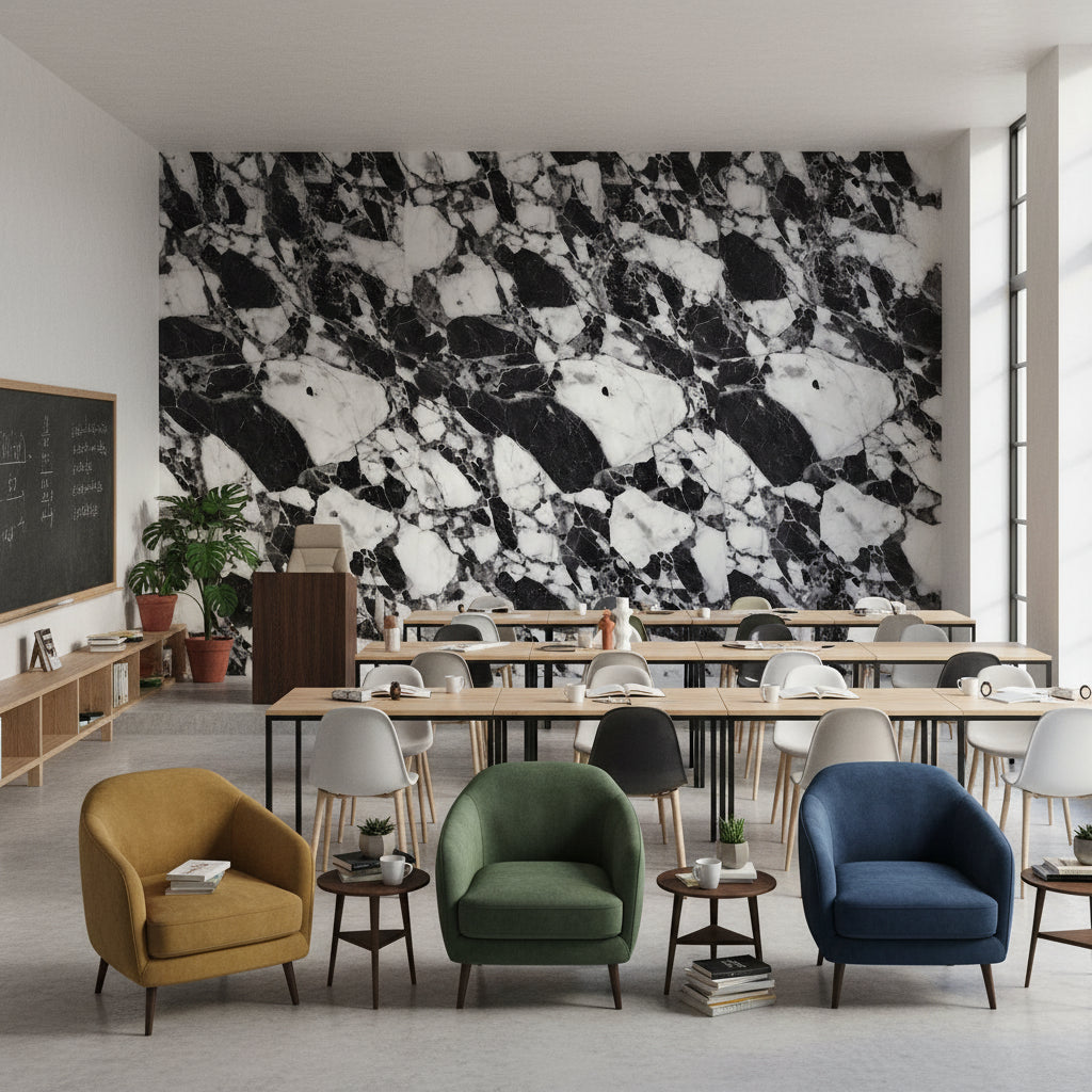 Siyah Beyaz Mermer Desenli Duvar Kağıdı Modern Salon