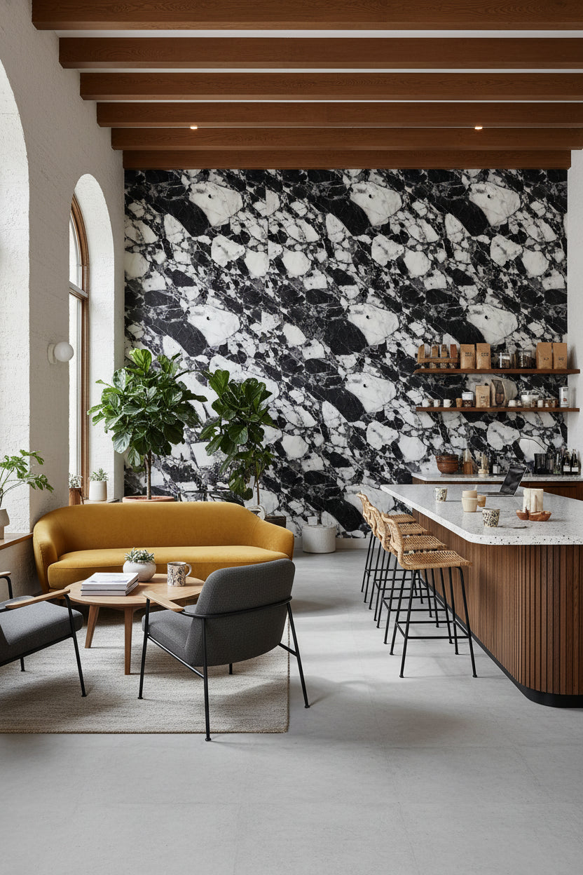 Siyah Beyaz Mermer Desenli Duvar Kağıdı Modern Salon