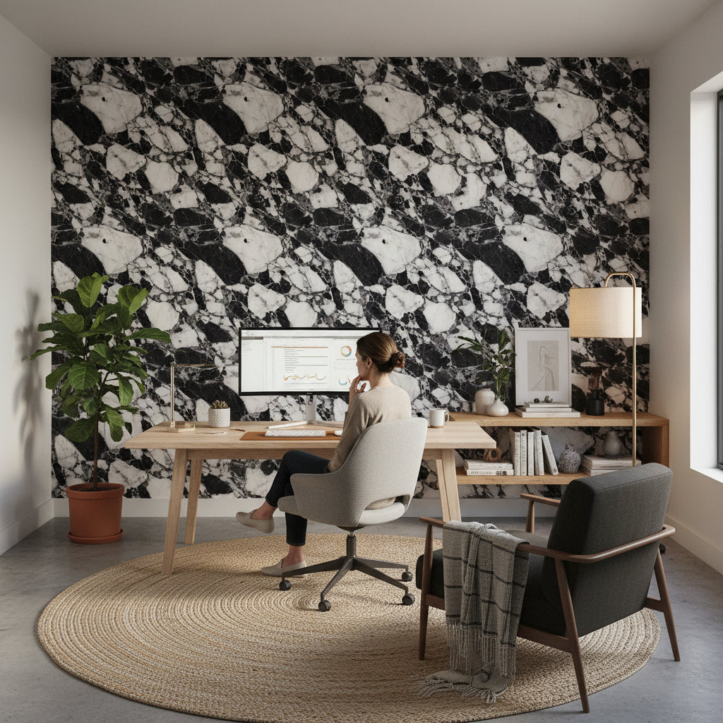 Siyah Beyaz Mermer Desenli Duvar Kağıdı Modern Salon
