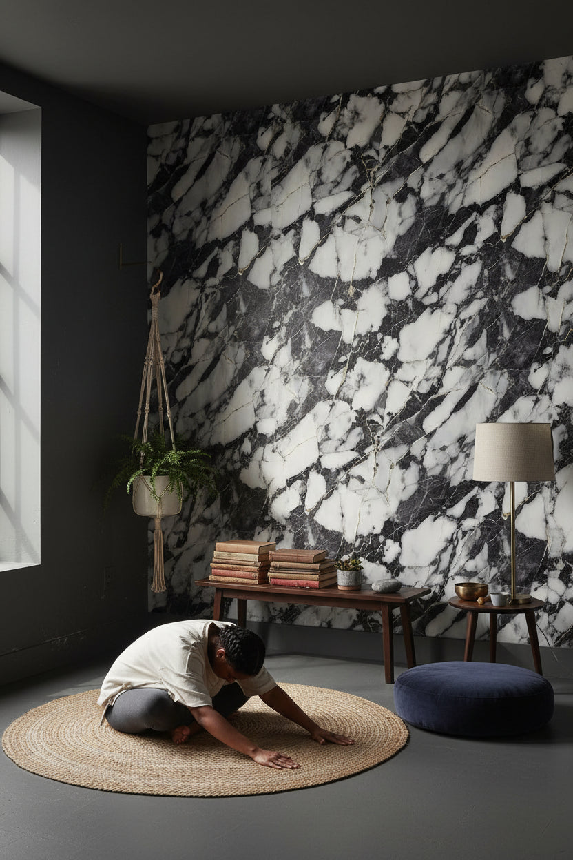 Siyah Beyaz Mermer Desenli Duvar Kağıdı Modern Salon Duvarı