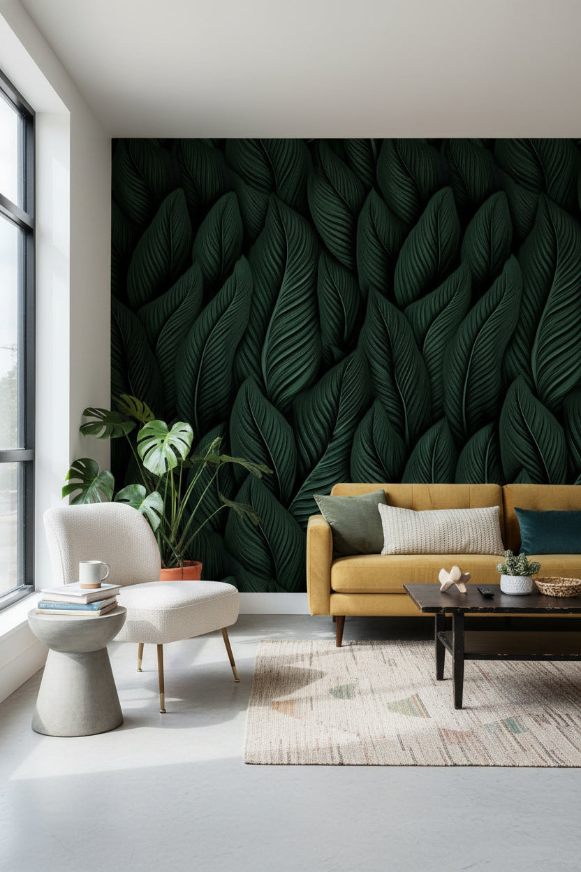 Koyu Yeşil Yaprak Desenli Duvar Kağıdı Salon