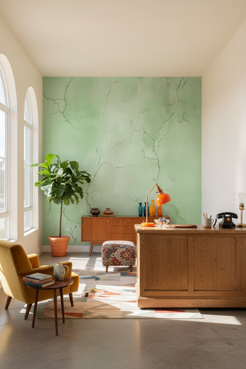Yeşil Beton Görünümlü Duvar Kağıdı Minimalist Salon Dekoru