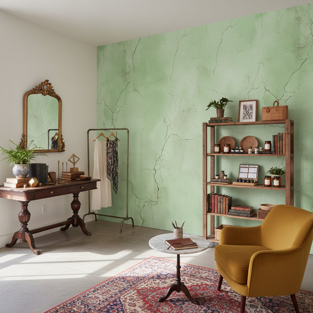 Yeşil Beton Görünümlü Duvar Kağıdı Minimalist Salon Dekoru