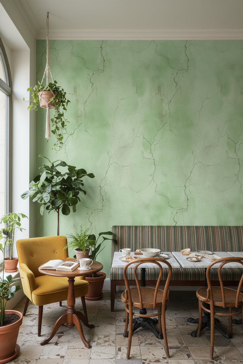 Yeşil Beton Görünümlü Duvar Kağıdı Minimalist Salon Dekoru