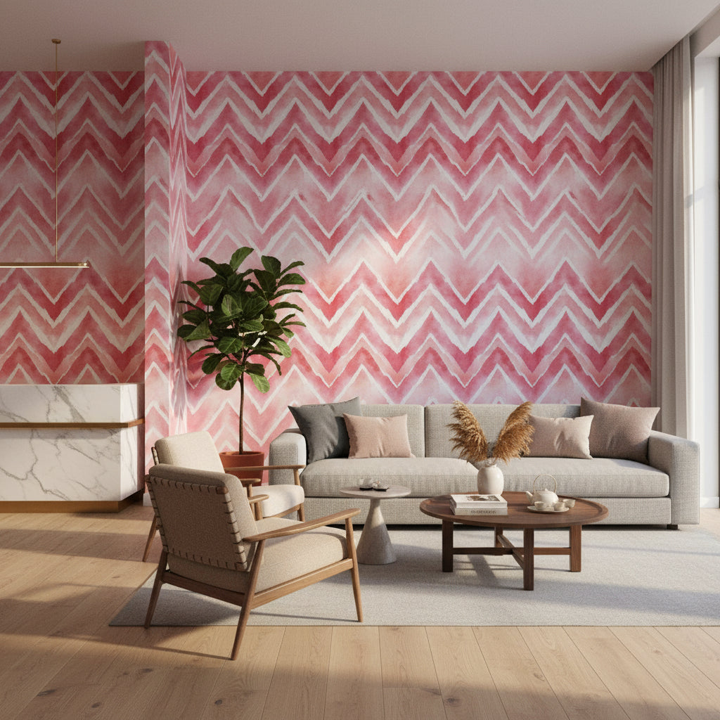 Zikzak Desenli Duvar Kağıdı Pembe Beyaz Salon