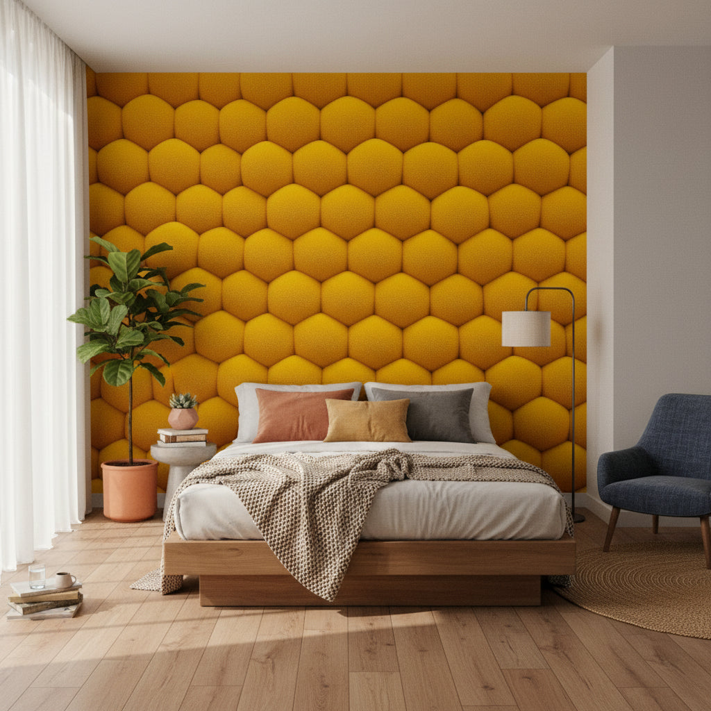 Sarı Petek Desenli 3D Duvar Kağıdı Modern Salon