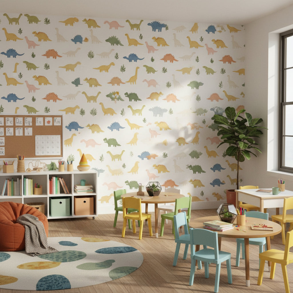 Renkli Dinozorlu Duvar Kağıdı Çocuk Odası Deseni