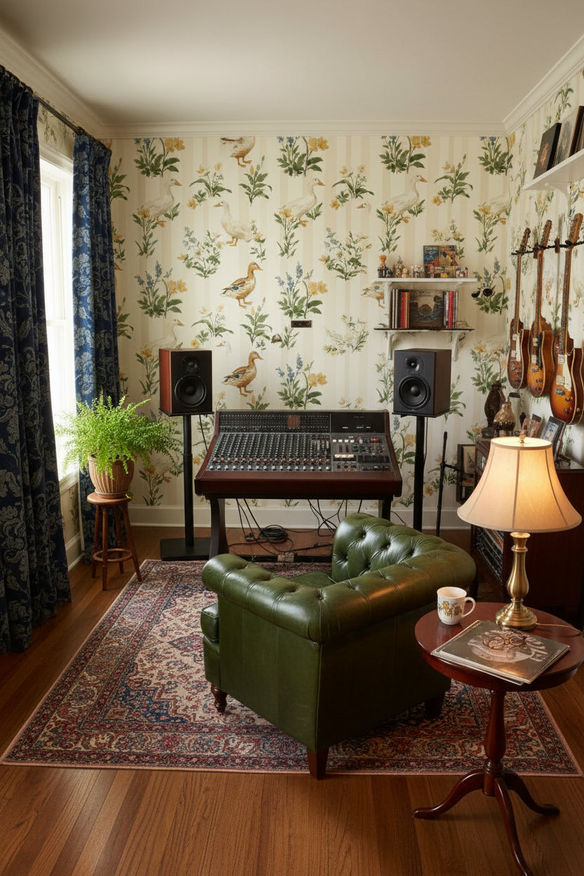 Ördekli Çiçekli Duvar Kağıdı Krem Vintage Salon
