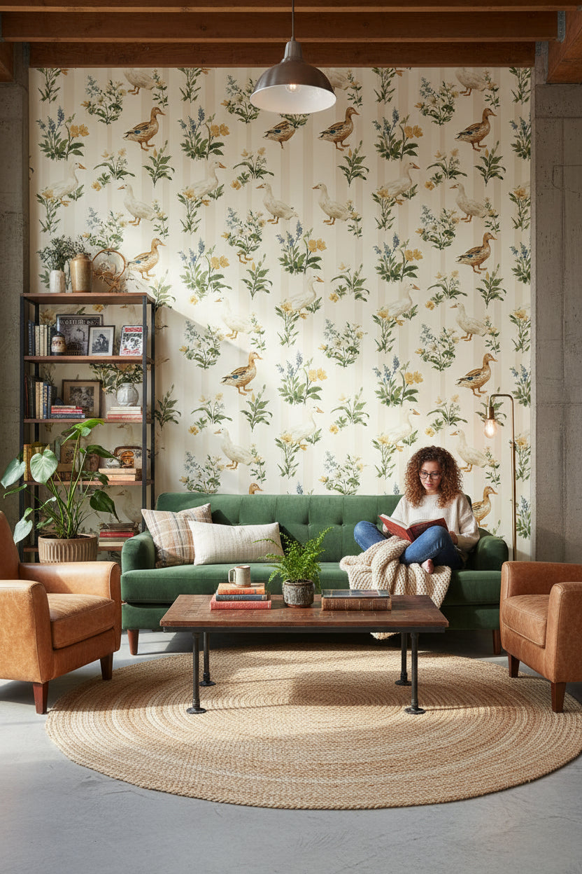 Ördekli Çiçekli Duvar Kağıdı Krem Vintage Salon