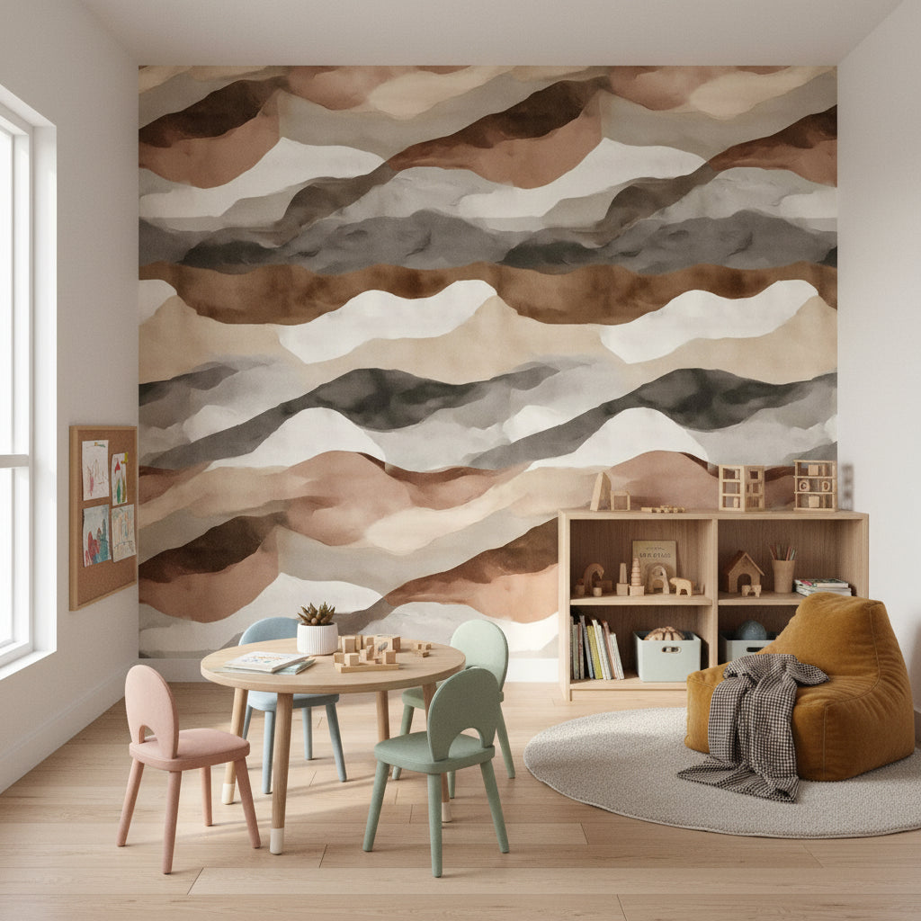 Soyut Dalgalı Duvar Kağıdı Bej Kahverengi Modern Salon