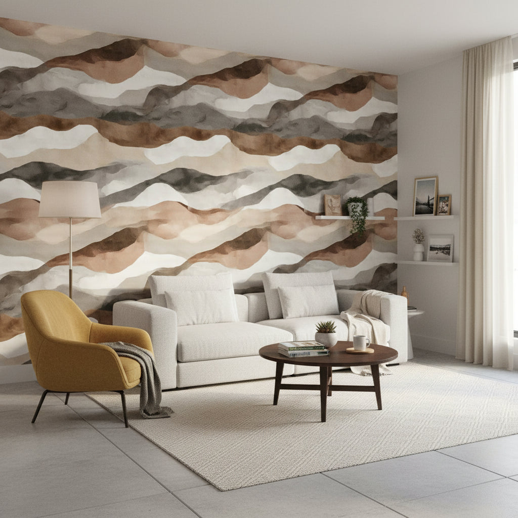 Soyut Dalgalı Duvar Kağıdı Bej Kahverengi Modern Salon
