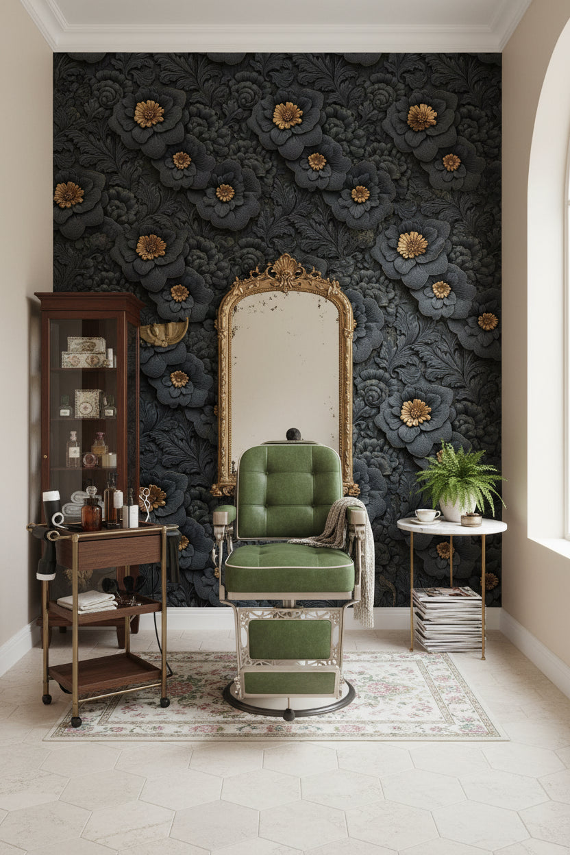 Siyah Kabartma Çiçekli Duvar Kağıdı Altın Detay Salon