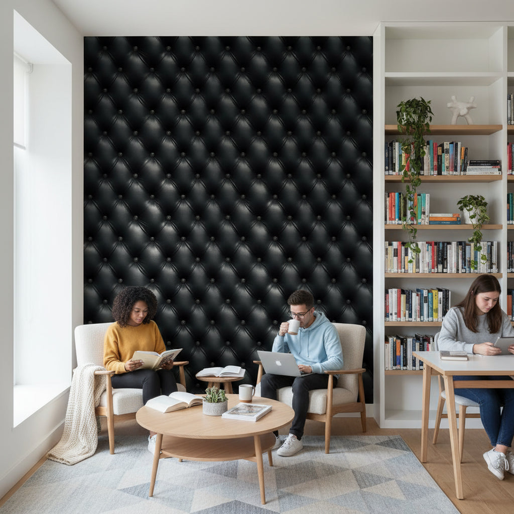 Siyah Kapitone Deri Görünümlü Duvar Kağıdı Modern Salon
