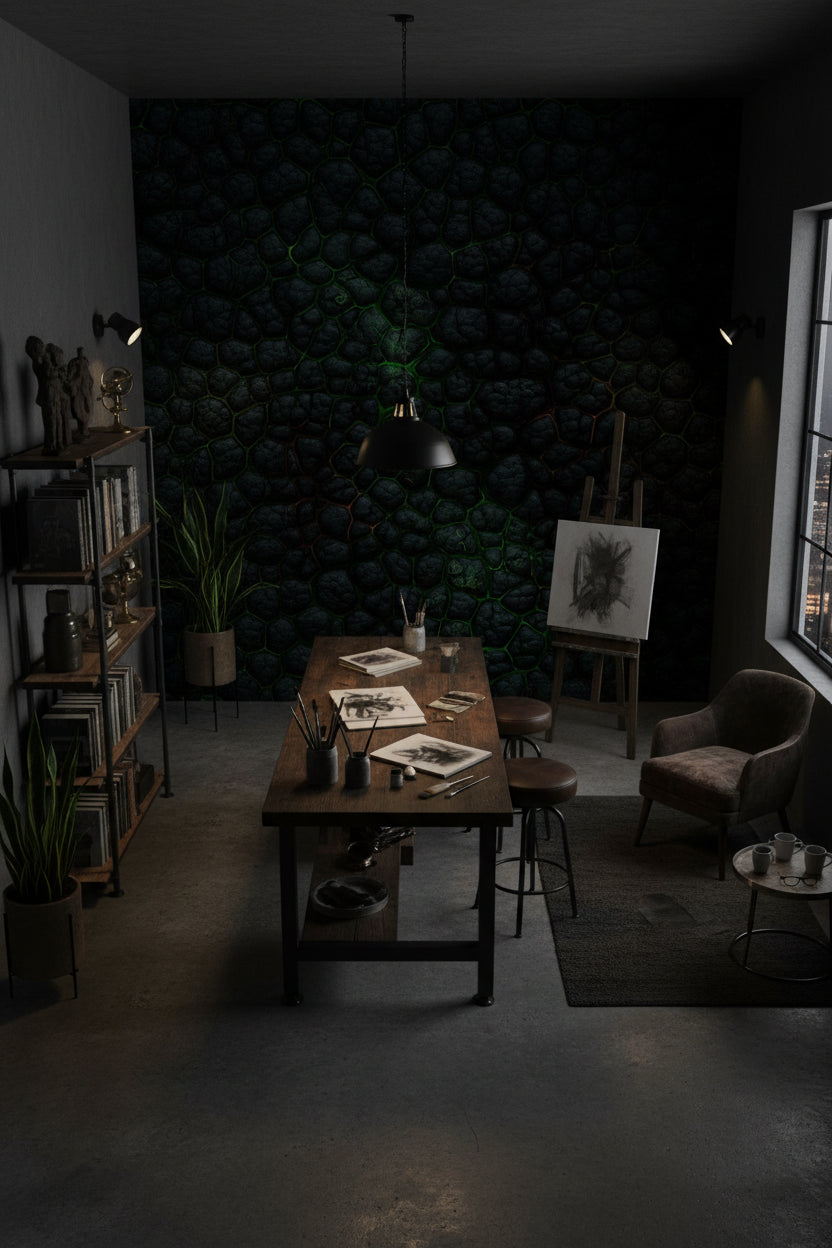Koyu Taş Desenli Duvar Kağıdı Yeşil Derzli Salon Dekoru