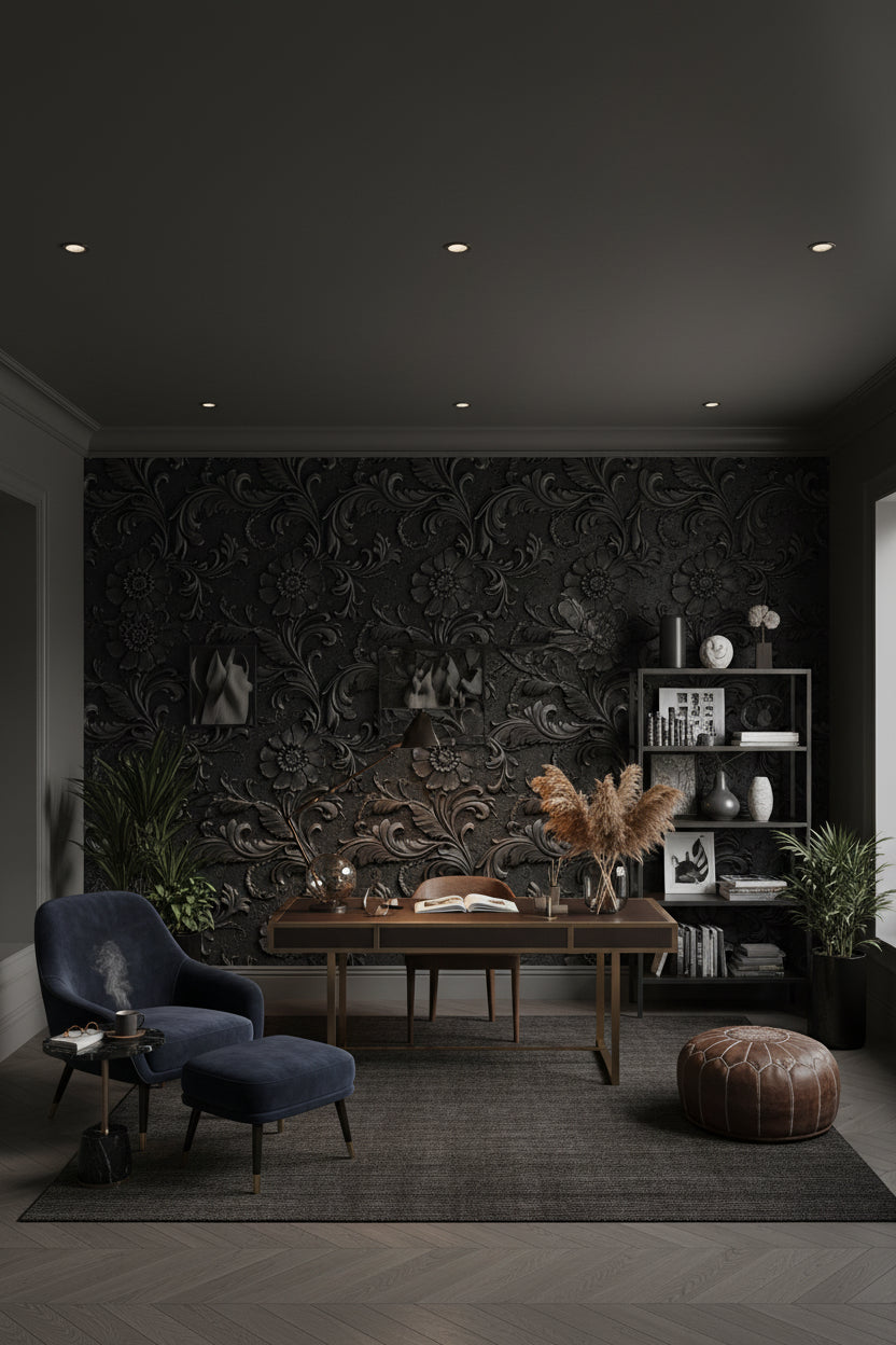 Koyu Kabartma Çiçek Desenli Duvar Kağıdı Klasik Salon