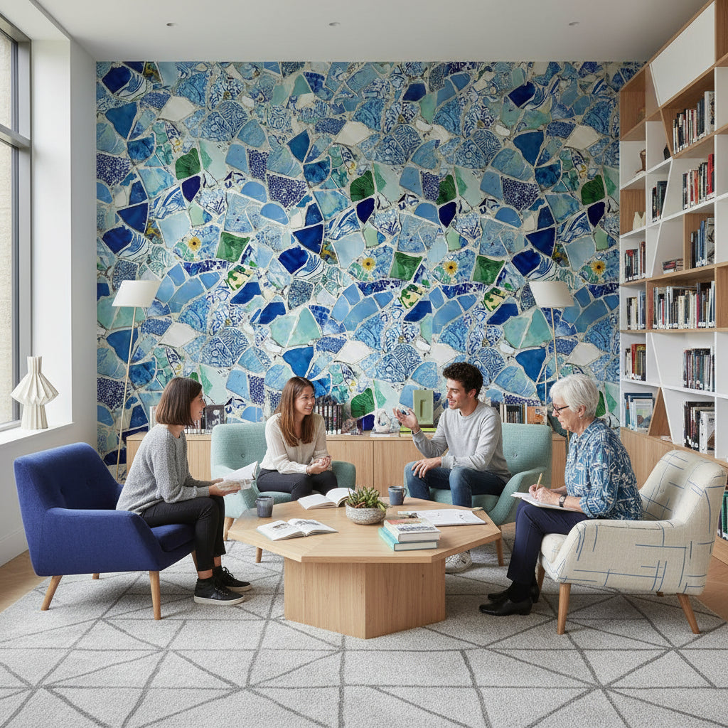 Mavi Mozaik Desenli Duvar Kağıdı Modern Salon