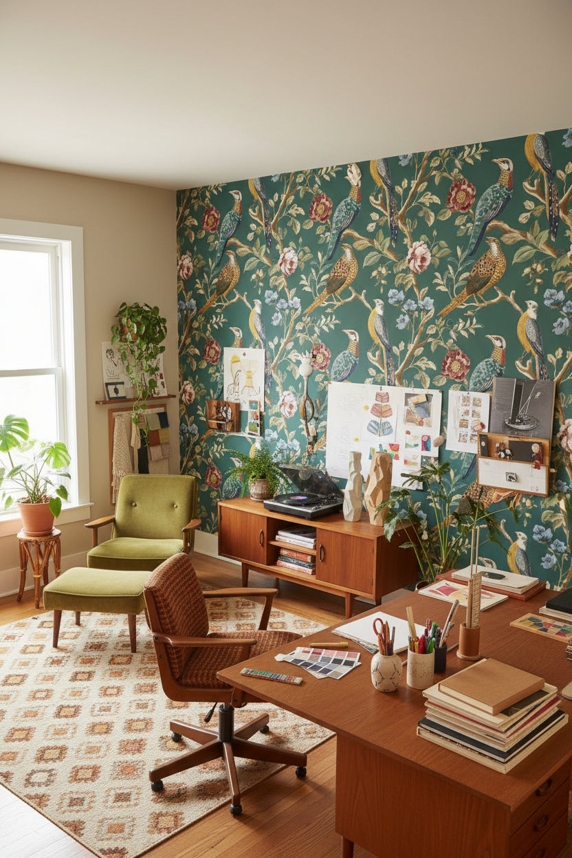 Kuşlu Çiçekli Duvar Kağıdı Yeşil Vintage Salon Deseni