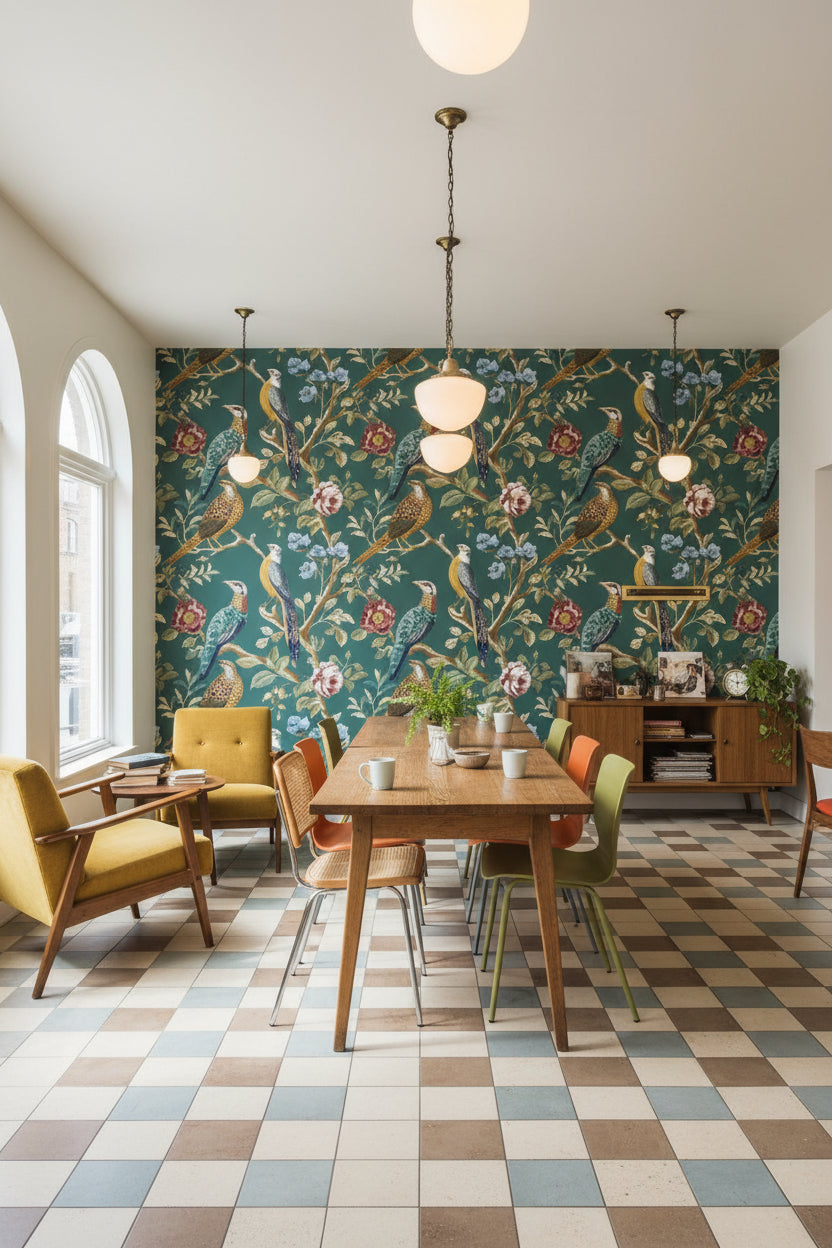 Kuşlu Çiçekli Duvar Kağıdı Yeşil Vintage Salon Deseni