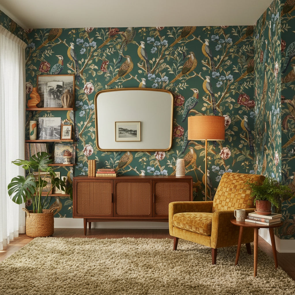 Kuşlu Çiçekli Duvar Kağıdı Yeşil Vintage Salon Deseni