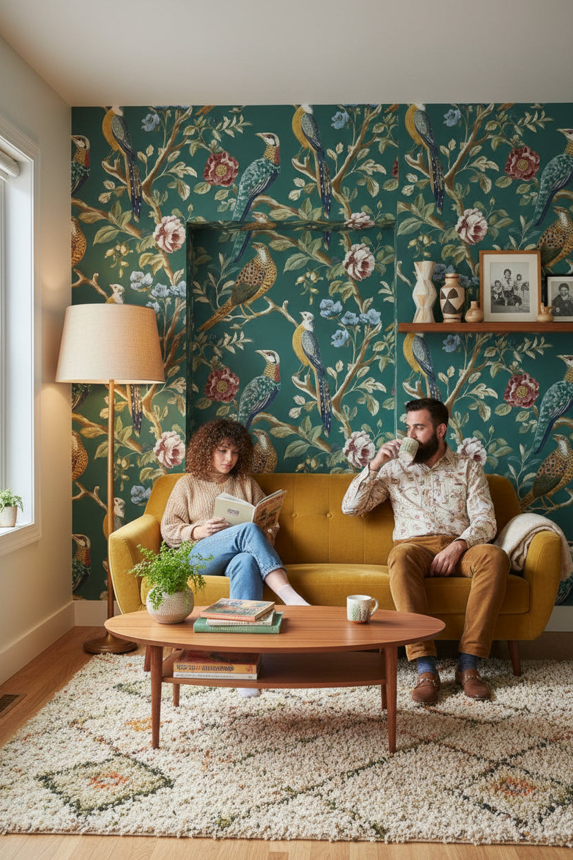 Kuşlu Çiçekli Duvar Kağıdı Yeşil Vintage Salon Deseni