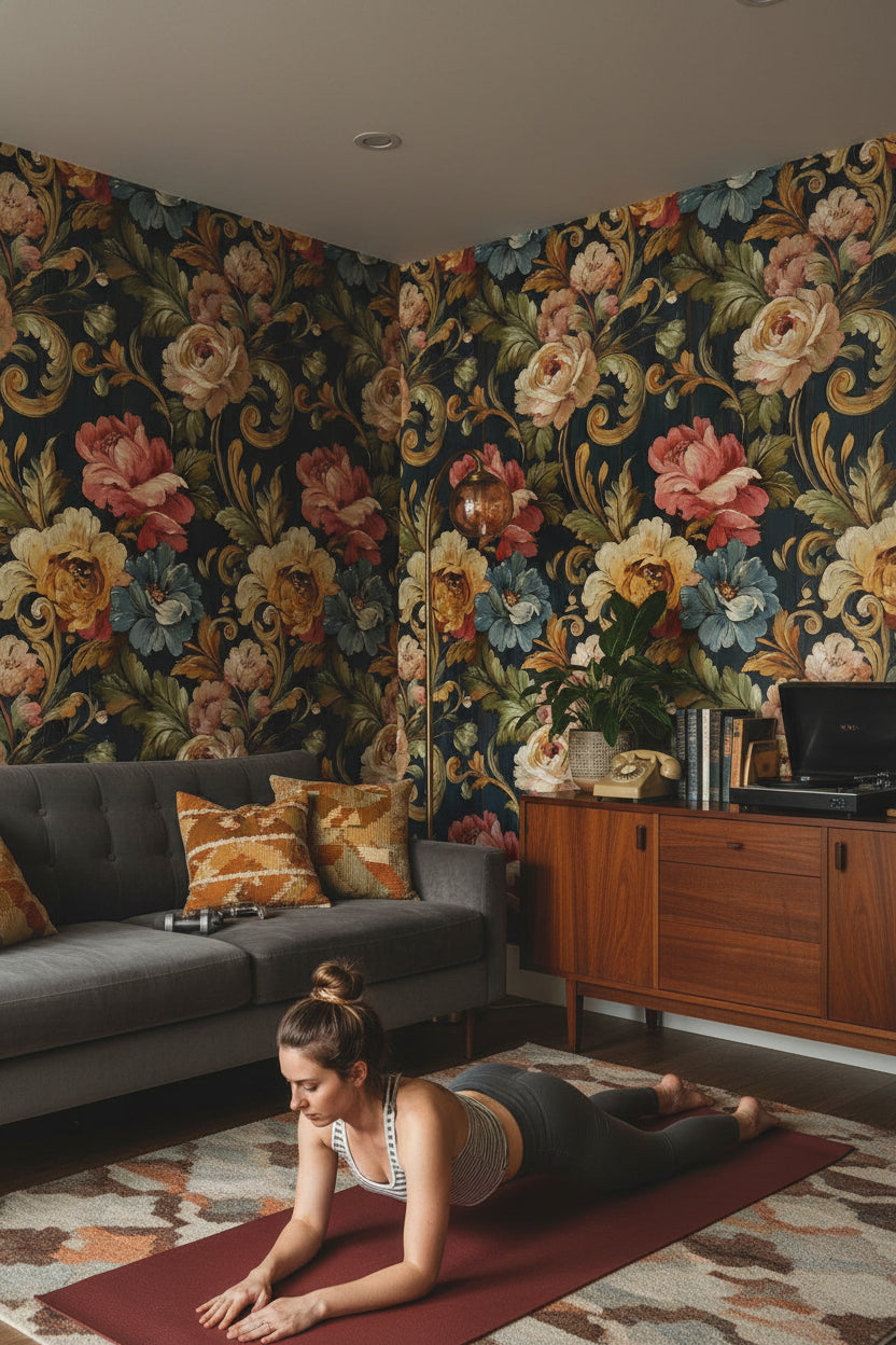 Vintage Çiçekli Duvar Kağıdı Koyu Zeminli Klasik Salon