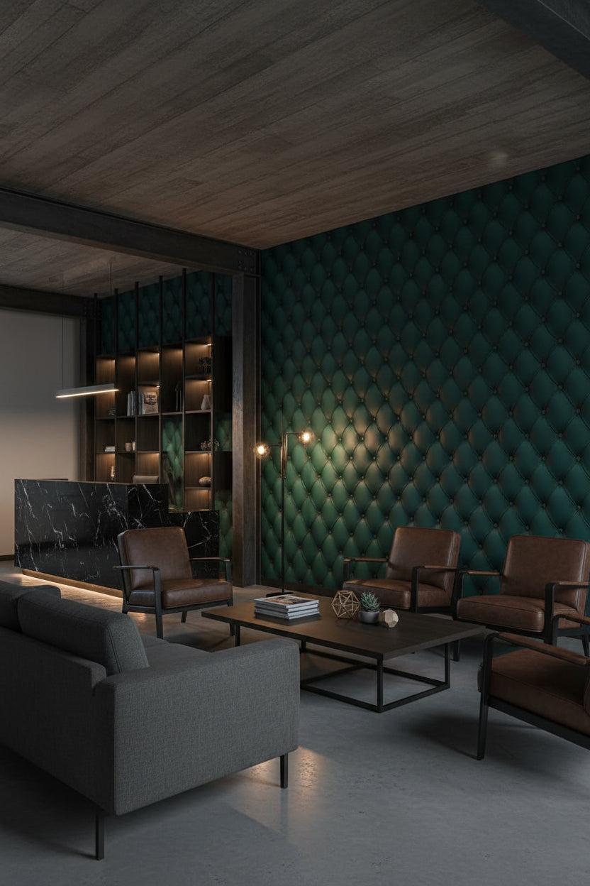 Kapitoneli Deri Desenli Duvar Kağıdı Koyu Yeşil Salon