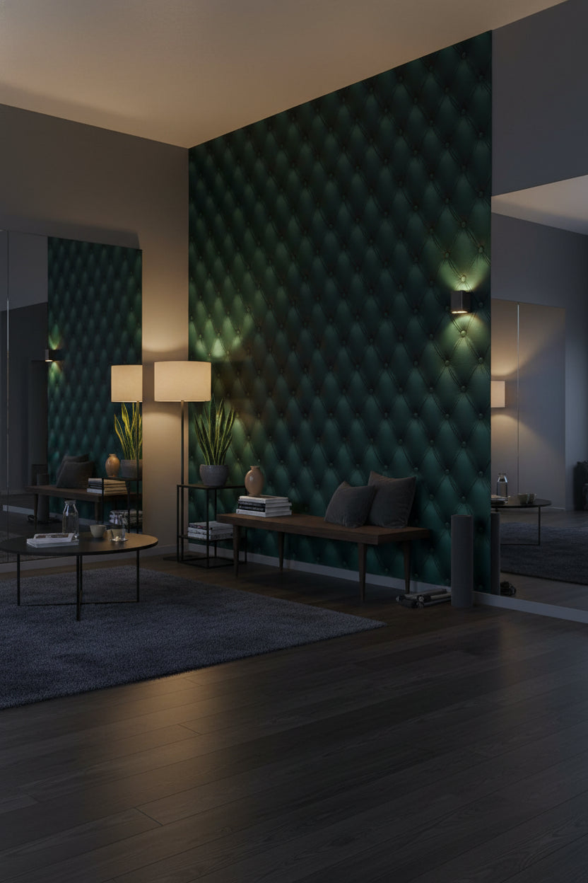 Kapitoneli Deri Desenli Duvar Kağıdı Koyu Yeşil Salon